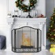 Three-panel fireplace screen spark guard with decorative patterns, sturdy steel frame, and dense mesh for safety.